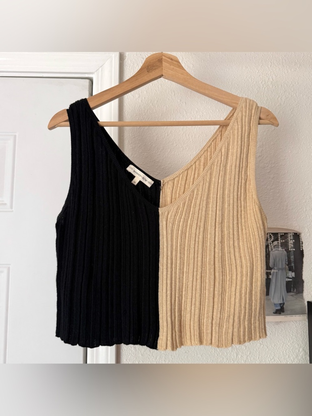 WHIMSY + ROW black tan cashmere organic cotton ribbed two tone color block tank